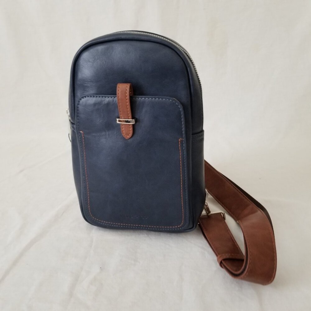 NWT! WestBronco Dark Blue and Brown Faux Leather Crossbody Shoulder Sling Bag - Picture 2 of 11